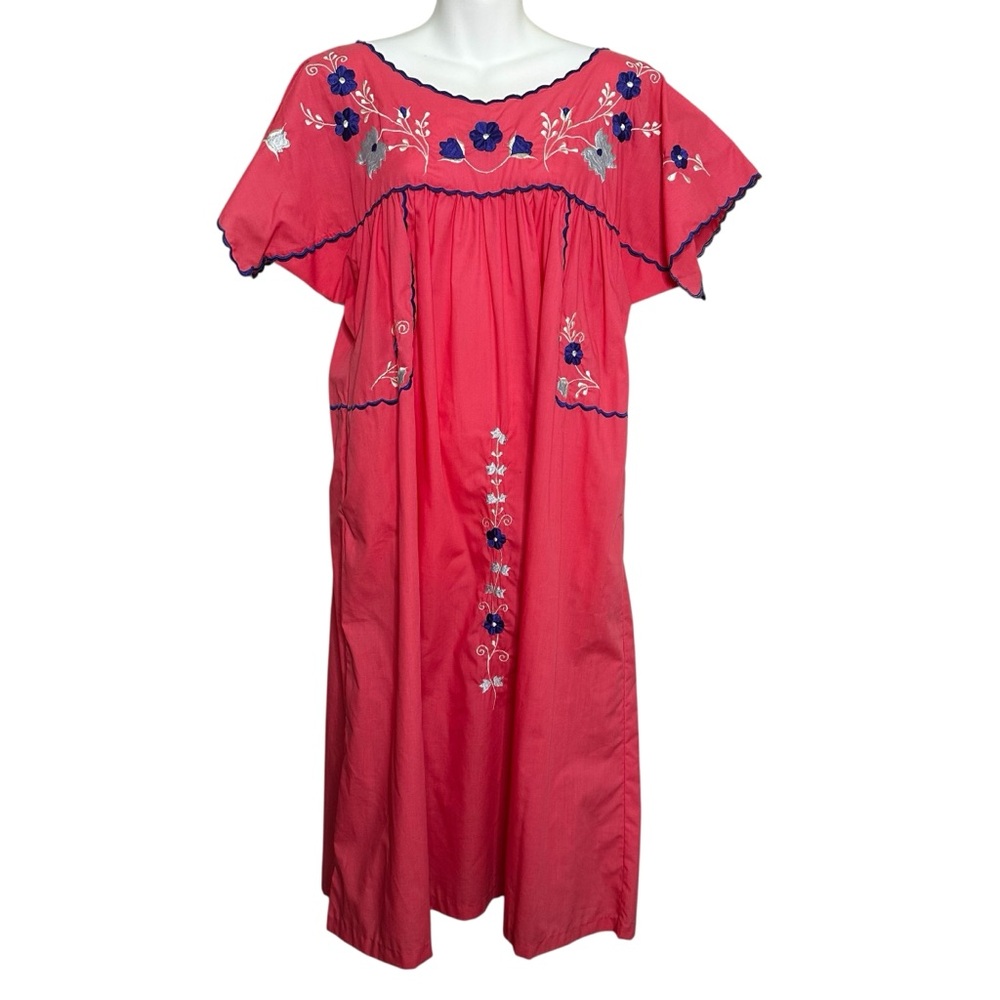 VTG Caro of Honolulu Coral Pink Embroidered Nightgown Evening Wear Dress Boho